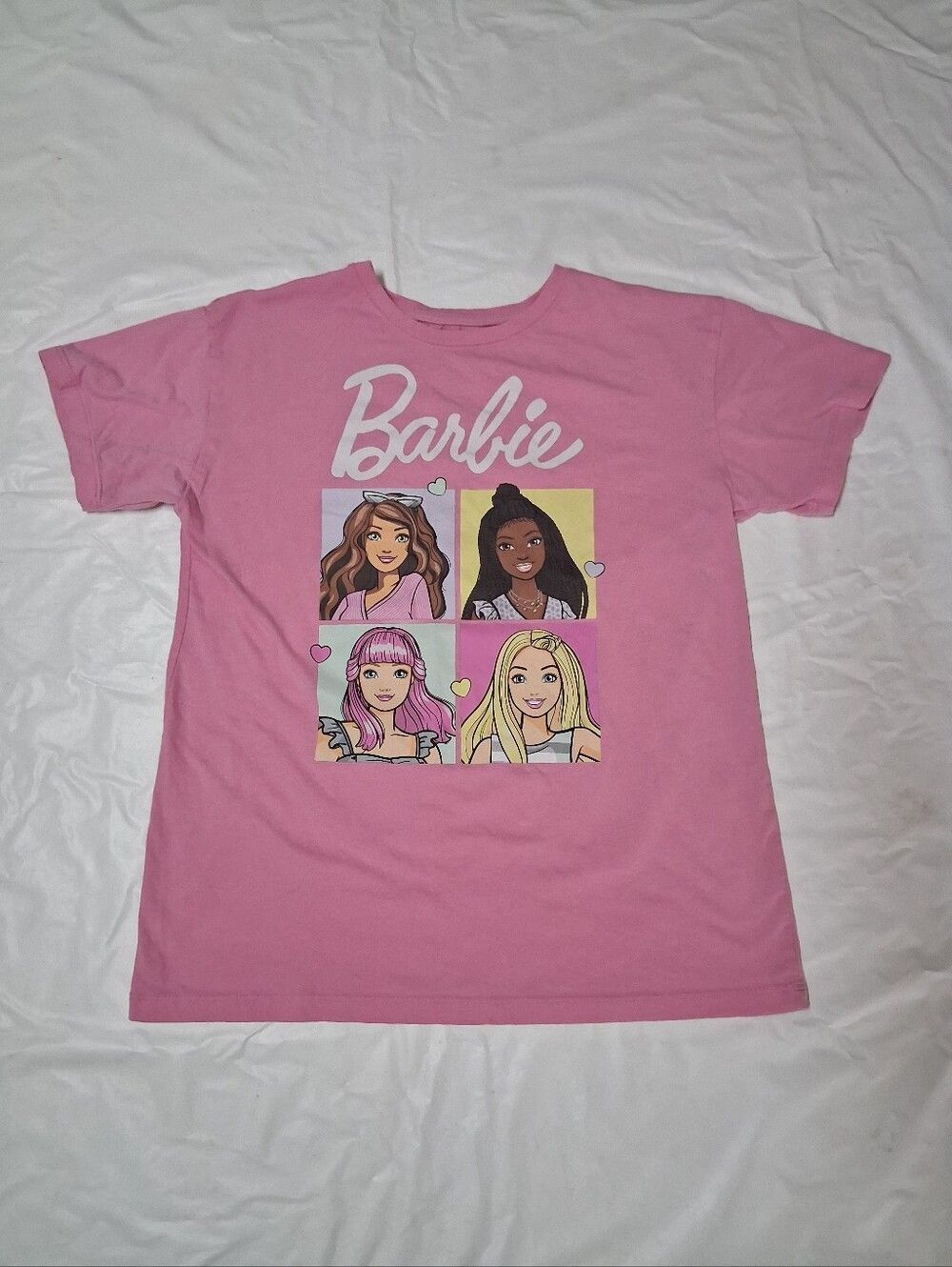 Barbie Pink Tee with Colorful Cartoon Panels Sz XL(14/16 Preowned